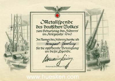 URKUNDE 'Metallspende des deutschen Volkes 1940'.