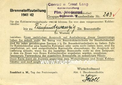 BRENNSTOFFZUTEILUNG 1941/42 der Stadt Frankfurt a.M.
