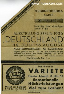 EINTRITTSKARTE zur Ausstellung Berlin 1936 'Deutschland'.