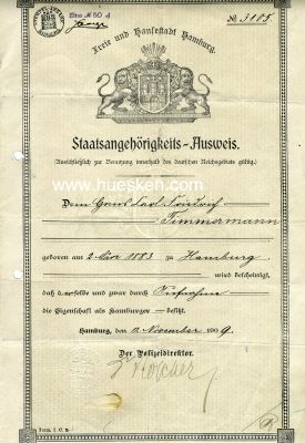 STAATSANGEHÖRIGKEITS-AUSWEIS der Stadt Hamburg 1909....