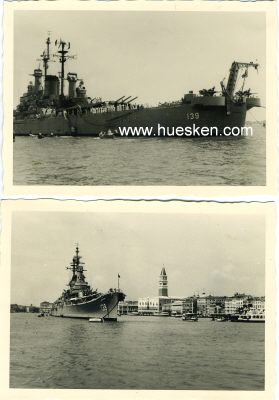 2 PHOTOS 7x10cm: Schlachtschiff im Hafen liegend.