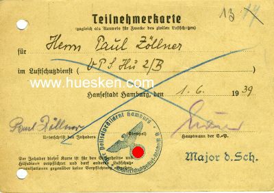 TEILNEHMERKARTE im Luftschutzdienst, Hamburg 1939
