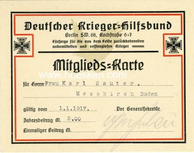 MITGLIEDS-KARTE 1917 des Deutschen Krieger-Hilfsbundes...