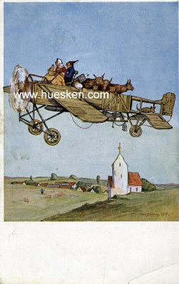 FARBIGE FLIEGERHUMOR-POSTKARTE 'Heimkehr vom Markt', 1918...