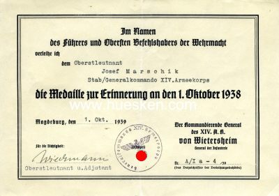 VERLEIHUNGSURKUNDE zur Medaille 1. Oktober 1938 für...