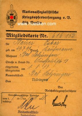 NSKOV-MITGLIEDSKARTE ausgestellt Bad Salzungen 1933....