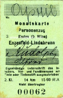 EISENBAHN-FAHRKARTE UM 1940 Monatskarte 2. Kl Personenzug...