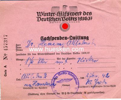 SACHSPENDEN-QUITTUNG zur WHW-Sammlung 1936/37