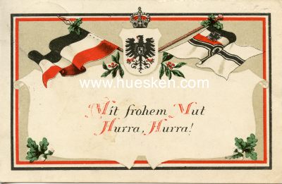 FARB-POSTKARTE 'Mit frohem Mut - Hurra Hurra!', 1916...