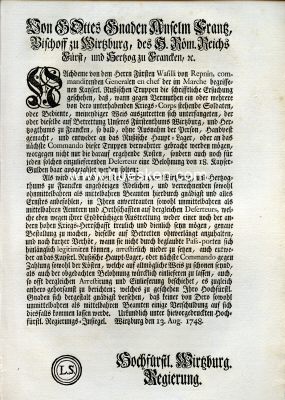 WÜRZBURG. Gedrucktes Edikt 1748 im Namen des Bischof...