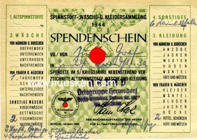 SPENDENSCHEIN zur Spinnstoff- und Schuhsammlung 1944 mit...