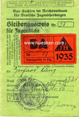 DJH-BLEIBENAUSWEIS FÜR JUGENDLICHE 1935 Gau Sachsen.