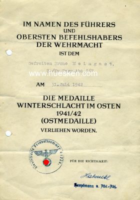 VERLEIHUNGSURKUNDE zur Medaille Winterschlacht om Osten...