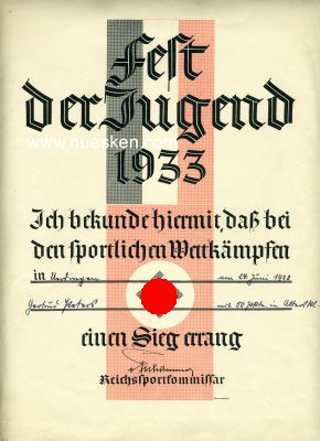 SIEGERURKUNDE zum Fest der Jugend 1933. Folio, kleine...