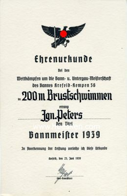 BDM-EHRENURKUNDE 'BANNMEISTER 1939' zu den...