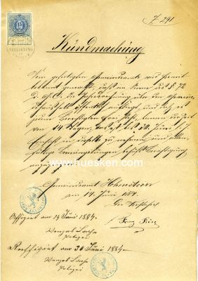 HOHENSTEIN. Kundmachung 1884 des Gemeindeamtes Hohenstein...