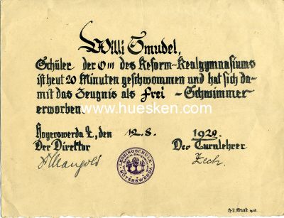 HOYERSWERDA. Freischwimmer-Zeugnis 1929 der Lessingschule...