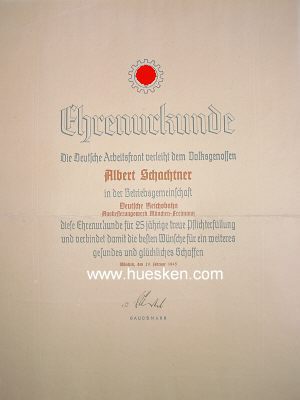 GROSSFORMATIGE EHRENURKUNDE 'Die Deutsche Arbeitsfront...