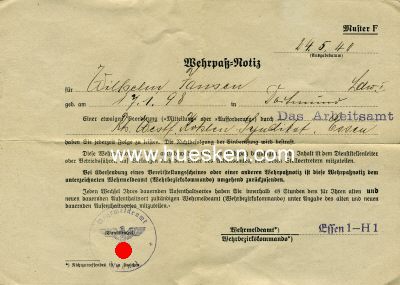 WEHRPASS-NOTIZ Essen 1940