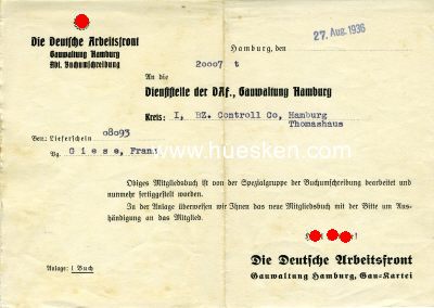 DAF-DIENSTSCHREIBEN der Gauwaltung Hamburg 1936 betr....