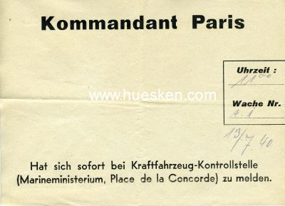 KFZ-KONTROLLSCHEIN ausgestellt 1940 vom Kommandanten...