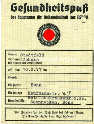 NSDAP-GESUNDHEITSPASS ausgestellt Bonn 1937, gelocht