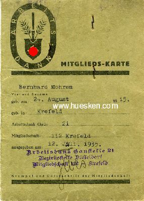 ARBEITSDANK-MITGLIEDSKARTE ausgestellt Krefeld 1935, mit...