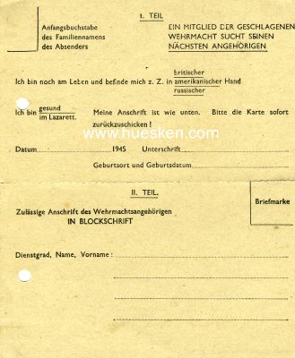 BLANKO-KRIEGSGEFANGENEN-POSTKARTE 1945 'Ein Mitglied der...