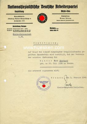 NSDAP-DIENSTSCHREIBEN der Gauleitung Weser-Ems, Bremen...
