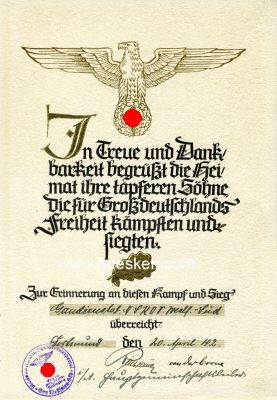 DEKORATIVE EHRENURKUNDE der NSDAP-Gauleitung...