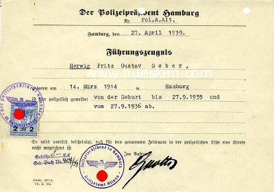 POLIZEILICHES FÜHRUNGSZEUGNIS Hamburg 1939, mit...