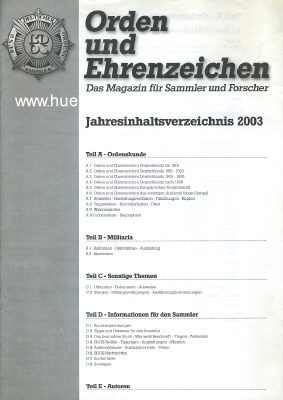 ORDEN UND EHRENZEICHEN. Jahresinhaltsverzeichnis 2003