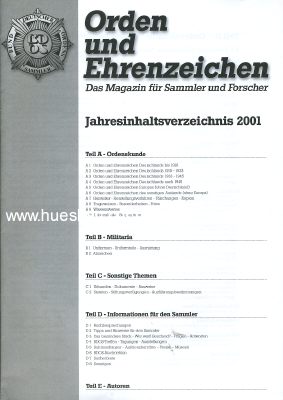 ORDEN UND EHRENZEICHEN. Jahresinhaltsverzeichnis 2001.