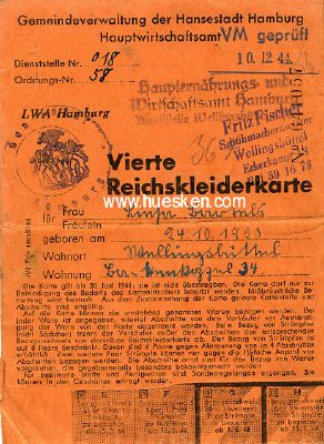 4. REICHSKLEIDERKARTE 1944 LWA Hamburg. Teils gebraucht.
