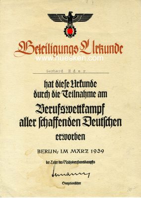 BETEILIGUNGS-URKUNDE zum Reichsberufswettkampf 1939....