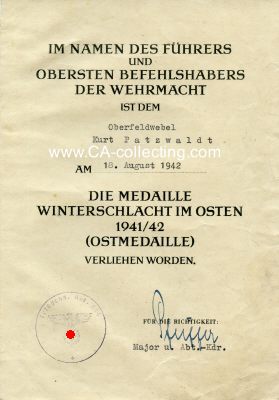 VERLEIHUNGSURKUNDE zur Medaille Winterschlacht im Osten...