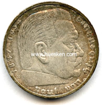 Foto 2 : DEUTSCHES REICH. 5 Reichsmark 1936 E (Hindenburg) Silber...