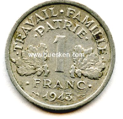 Photo 2 : FRANKREICH - 1 FRANC 1943 Etat Francais Vichy-Regierung....