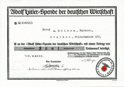 SPENDENURKUNDE zur Adolf Hitler-Spende der deutschen...