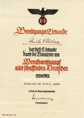 BETEILIGUNGS-URKUNDE zum Reichsberufswettkampf 1938,...