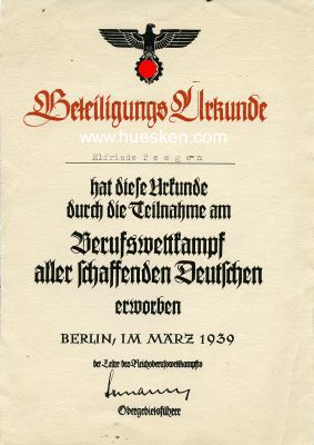 BETEILIGUNGS-URKUNDE zum Reichsberufswettkampf 1939,...