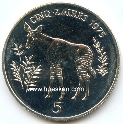 ZAIRE - 5 ZAIRES 1975 OKAPI WWF World Wildlife Fund Coin...