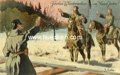 FARB-POSTKARTE 'Frohes Wiedersehen im Neuen Jahr!'. 1914...