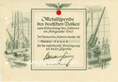 URKUNDE 'Metallspende des deutschen Volkes 1940'....
