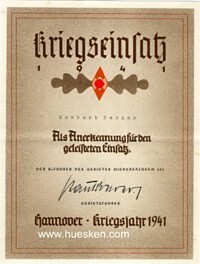 HITLER YOUTH APPRECIATION CERTIFICATE