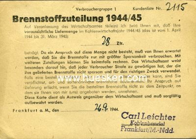 BRENNSTOFFZUTEILUNG 1944/45 1944/45 der Stadt Frankfurt...
