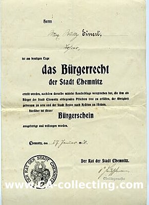 CHEMNITZ. Urkunde 1920 des Rat der Stadt Chennitz...