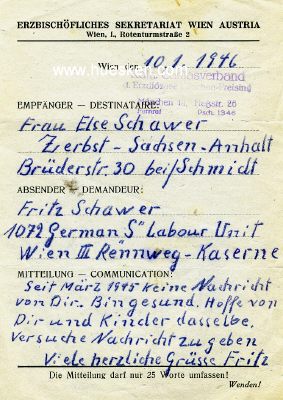 KRIEGSGEFANGENEN-BRIEF des Fritz Schawer vom 10.1.1946 im...