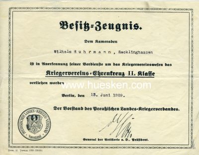 BESITZ-ZEUGNIS zum Kriegervereins-Ehrenkreuz 2. Klasse...