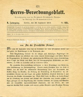 HEERES-VERORDNUNGSBLATT NR.15 vom 30.9.1919 mit dem...